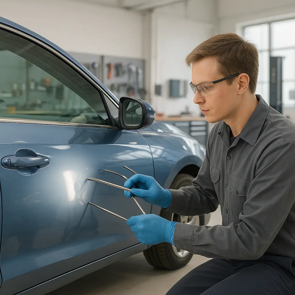 Werkstatt mit PDR-Reparatur am Fahrzeug